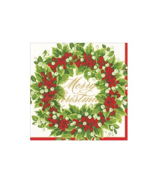CASPARI HOLLY AND BERRY WREATH MERRY CMAS - NAPKIN COCKTAIL