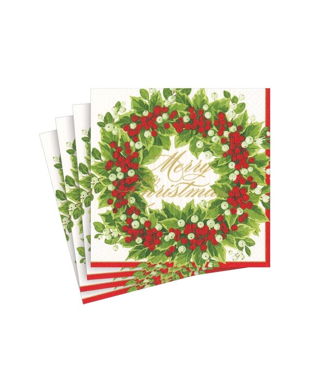 CASPARI HOLLY AND BERRY WREATH MERRY CMAS - NAPKIN COCKTAIL
