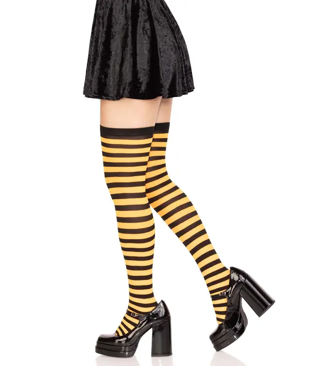 LEG AVENUE Black & Orange Striped Thigh Highs
