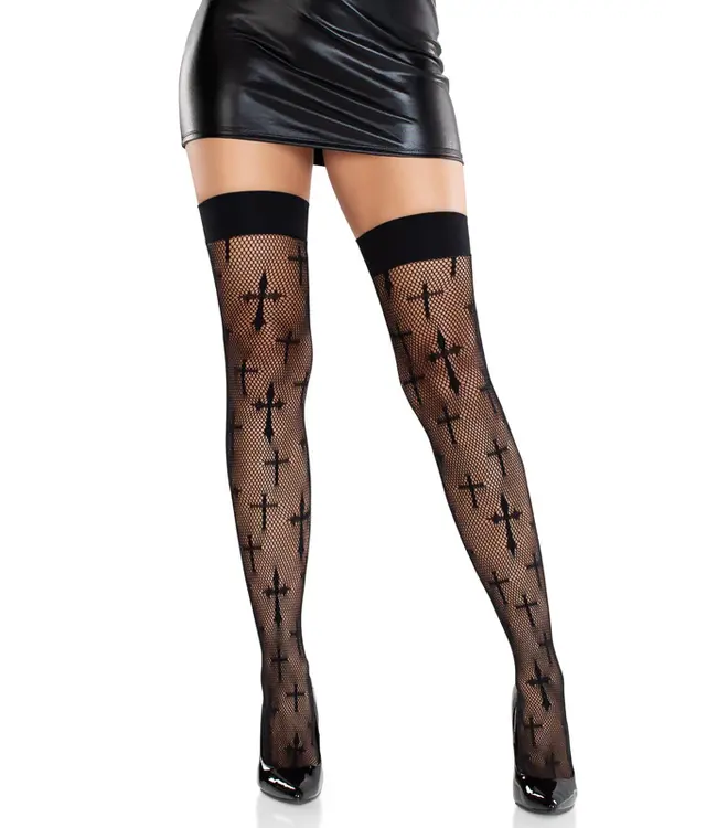 LEG AVENUE WORSHIP ME CROSS NET THIGH HIGHS