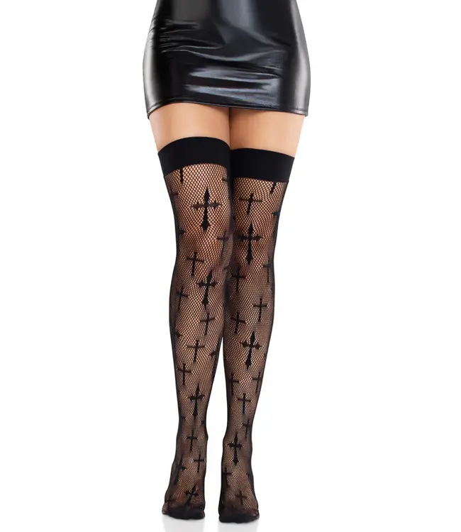 LEG AVENUE WORSHIP ME CROSS NET THIGH HIGHS