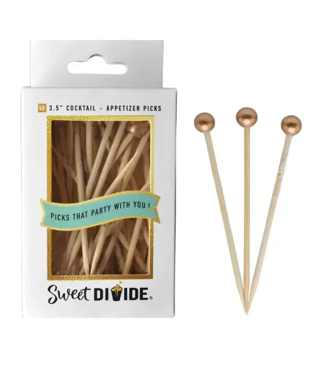 SWEET DIVIDE 3.5" Cocktail & Appetizer Party Picks - Gold Ball - 40 Ct Pk