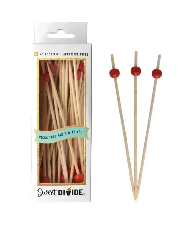 SWEET DIVIDE 6" Cocktail & Appetizer Party Picks - Red Ball - 30 Ct Pk