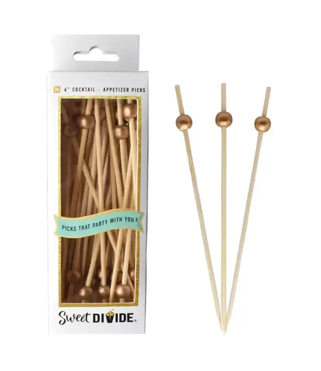 SWEET DIVIDE 6" Cocktail & Appetizer Party Picks - Gold Ball - 30 Ct Pk