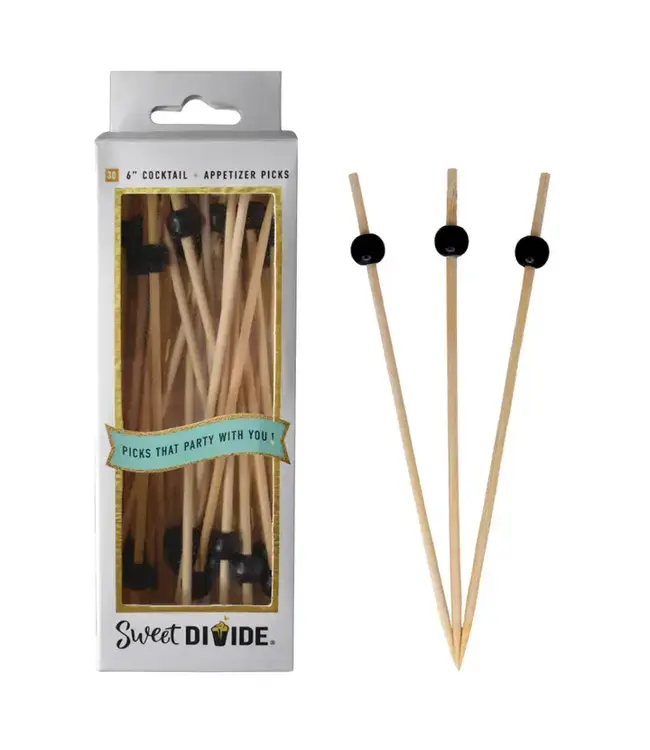 SWEET DIVIDE 6" Cocktail & Appetizer Party Picks - Black Ball - 30 Ct Pk