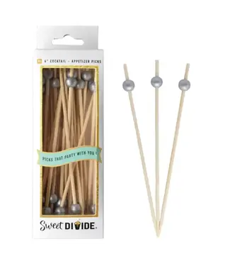 SWEET DIVIDE 6" Cocktail & Appetizer Party Picks - Silver Ball - 30 Ct Pk