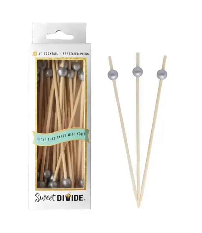 SWEET DIVIDE 6" Cocktail & Appetizer Party Picks - Silver Ball - 30 Ct Pk