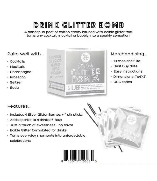THE GLITTER LAB Silver Drink Glitter Bombs For Cocktails, Mocktails & Bubbly
