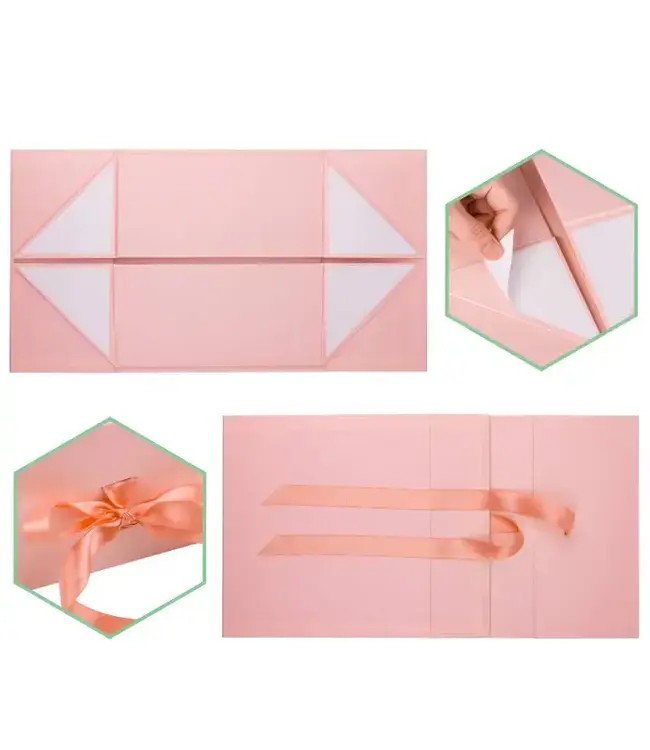 LA RIBBONS WHOLESALE 8" X 8" X 4" Collapsible Gift Box w/ Satin Ribbon & Magnetic | Pink