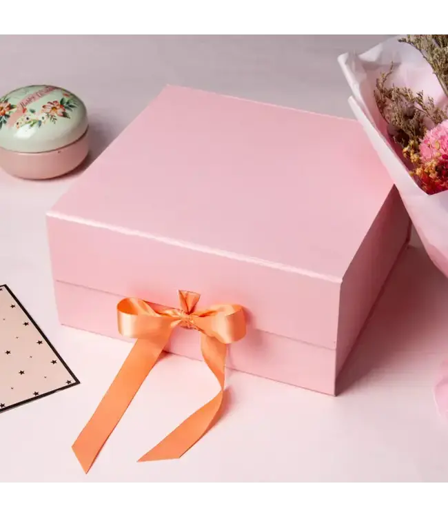 LA RIBBONS WHOLESALE 8" X 8" X 4" Collapsible Gift Box w/ Satin Ribbon & Magnetic | Pink