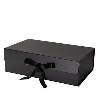 LA RIBBONS WHOLESALE 14" X 9" X 4.3" Collapsable Gift Box w/ Satin Ribbon & Magnetic Square Flap Lid | Black