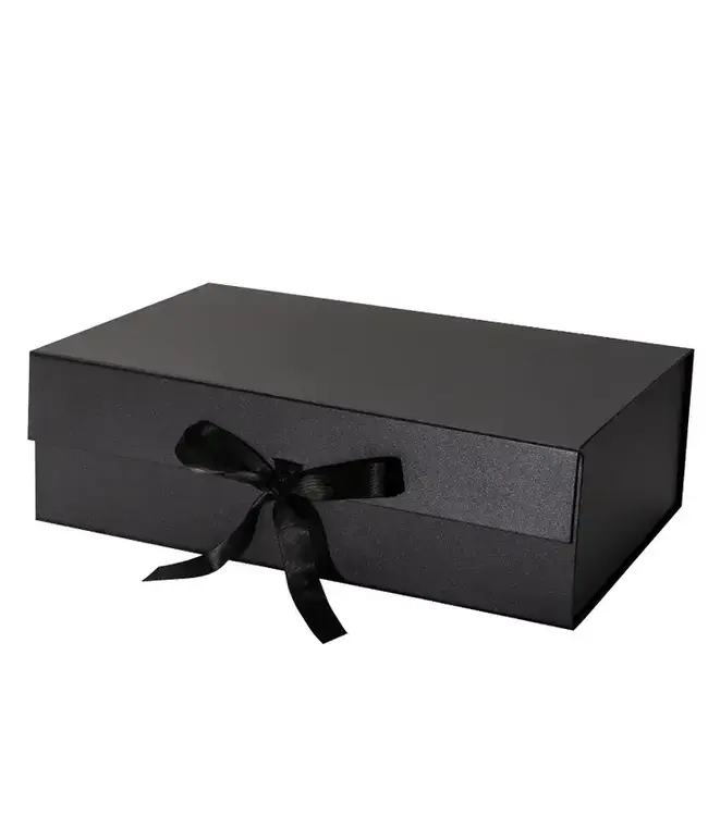LA RIBBONS WHOLESALE 14" X 9" X 4.3" Collapsable Gift Box w/ Satin Ribbon & Magnetic Square Flap Lid | Black