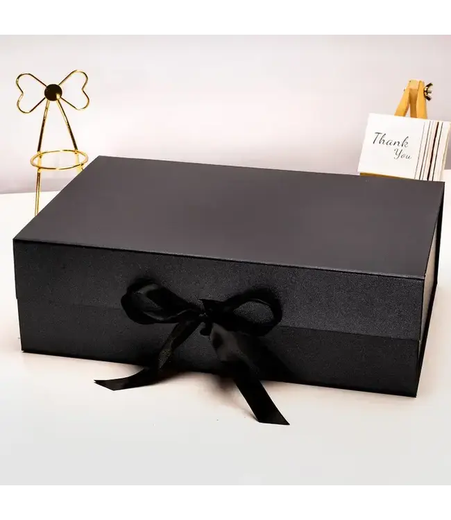 LA RIBBONS WHOLESALE 14" X 9" X 4.3" Collapsable Gift Box w/ Satin Ribbon & Magnetic Square Flap Lid | Black