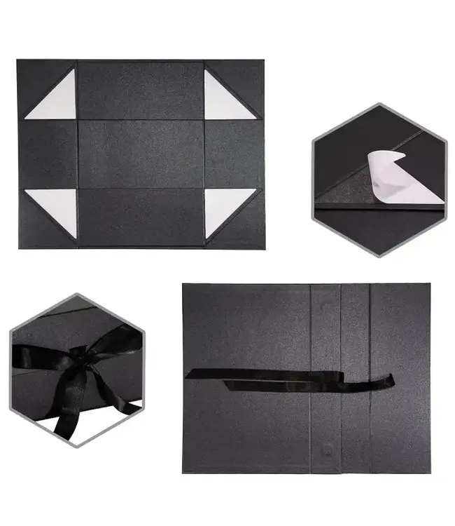 LA RIBBONS WHOLESALE 14" X 9" X 4.3" Collapsable Gift Box w/ Satin Ribbon & Magnetic Square Flap Lid | Black
