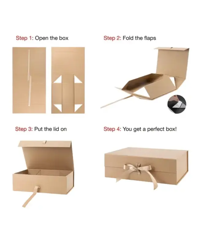 LA RIBBONS WHOLESALE 14"X9"X4.3" Collapsible Kraft Gift Box with Satin Ribbon & Magnetic Lid