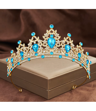 PARTY ON Gold Tiara with Lake Blue Rhinestones
