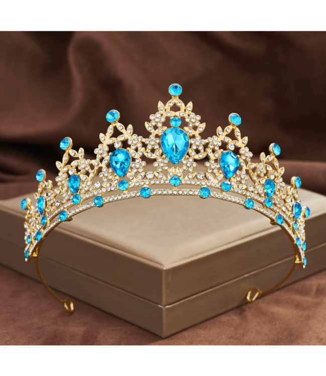 PARTY ON Gold Tiara with Lake Blue Rhinestones