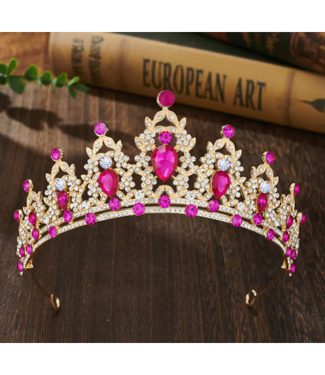 PARTY ON Gold Tiara with Rose Red Stones