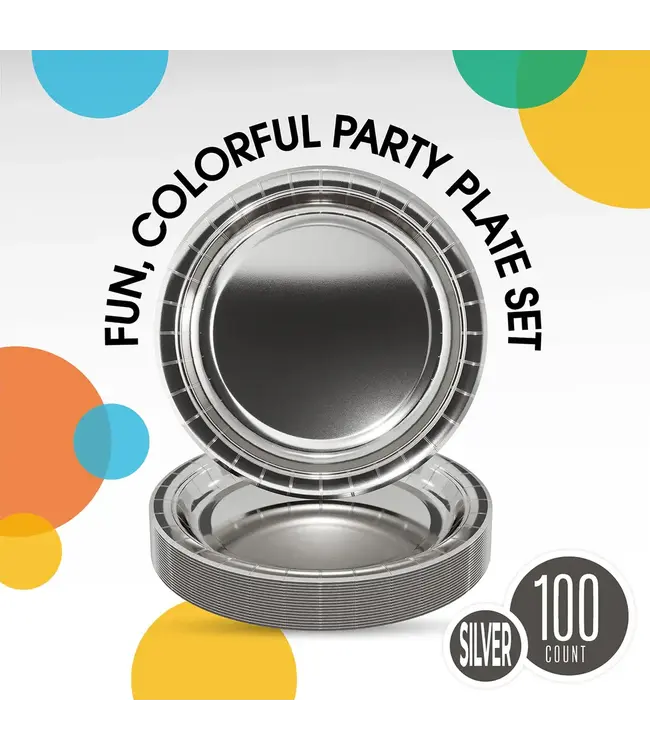 CROWN DISPLAY 7 In. Reflective Silver Paper Plates - 100 Ct.