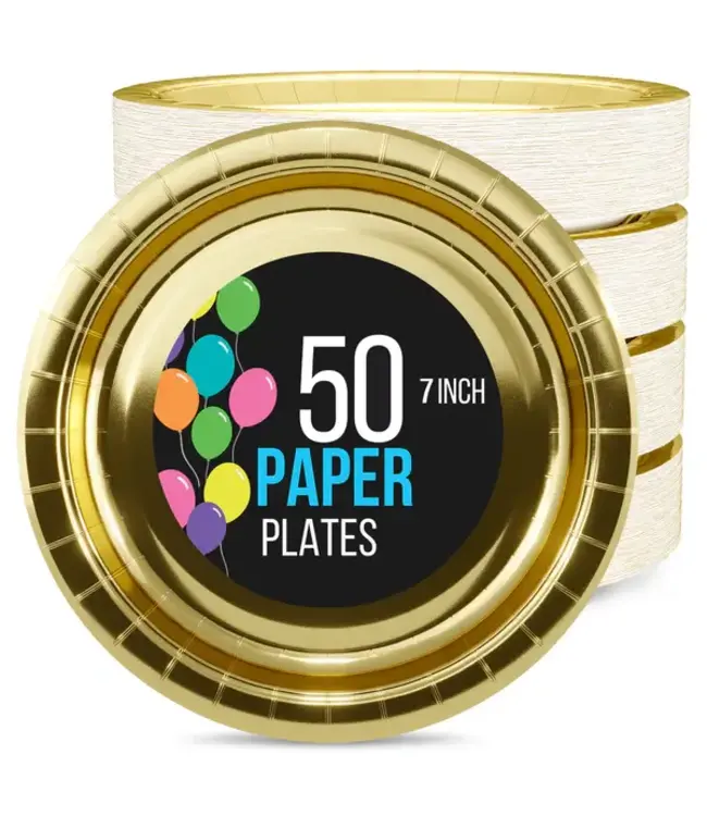 CROWN DISPLAY 7 In. Reflective Gold Paper Plates - 50 Ct.