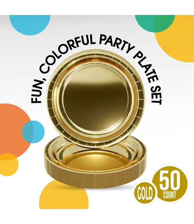 CROWN DISPLAY 9 In. Reflective Gold Paper Plates - 50 Ct.