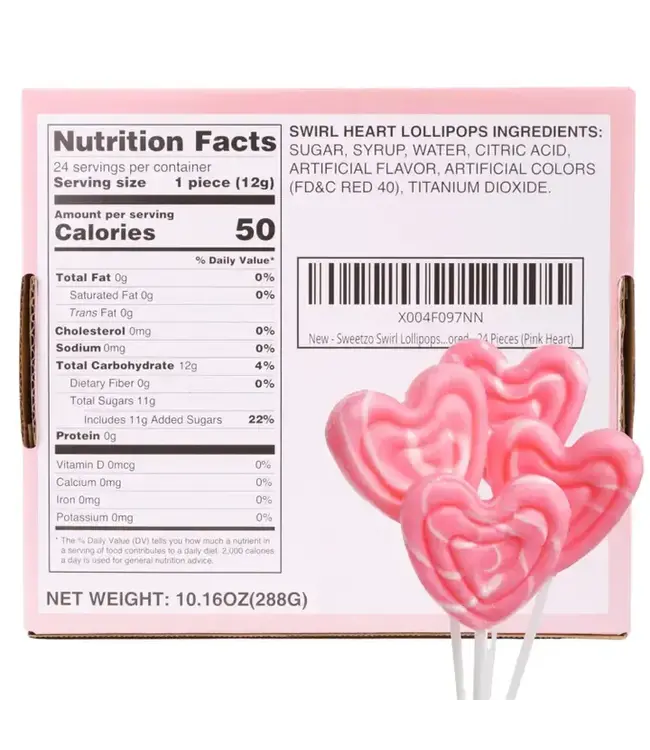 NEEDZO INC Box of Swirl Heart Lollipops, Individually Wrapped, 24 Count