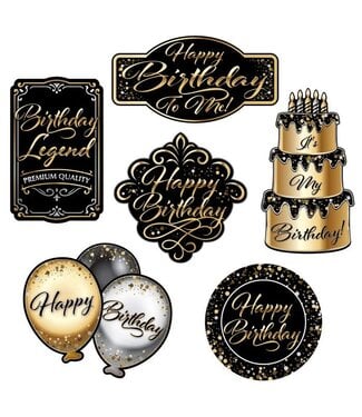 BEISTLE Happy Birthday Cutouts - 6 Count - Black - Gold - Silver