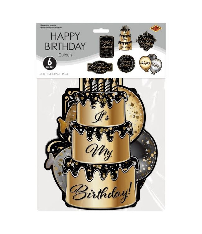 BEISTLE Happy Birthday Cutouts - 6 Count - Black - Gold - Silver