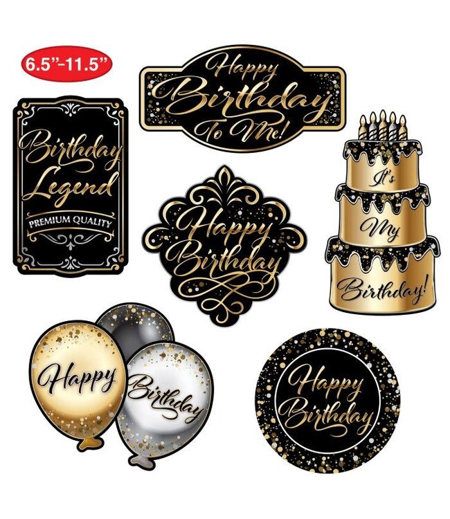 BEISTLE Happy Birthday Cutouts - 6 Count - Black - Gold - Silver