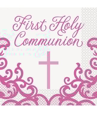 UNIQUE INDUSTRIES INC Fancy Pink Cross "First Holy Communion" Luncheon Napkins -16 Count