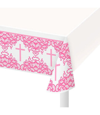 UNIQUE INDUSTRIES INC Fancy Pink Cross Table Cover 54in X 84in