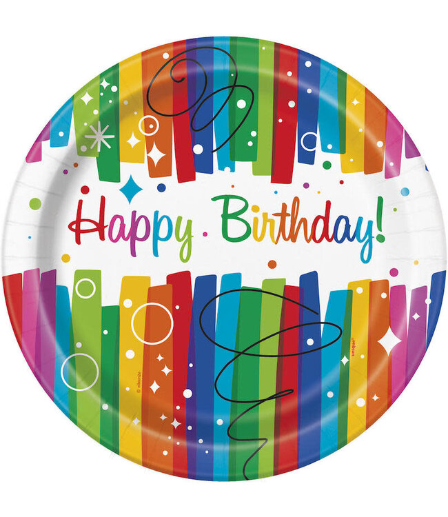 UNIQUE INDUSTRIES INC Rainbow Ribbons Birthday Dinner Plate - 8 Count