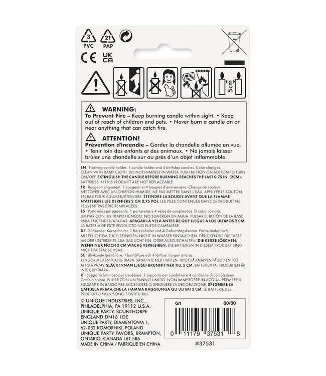 UNIQUE INDUSTRIES INC Light-Up Flashing  # 1 Shaped Plastic Candle Holder