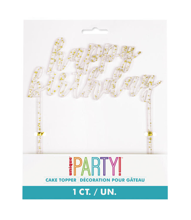 UNIQUE INDUSTRIES INC Happy Birthday Cake Topper Clear with Gold flake