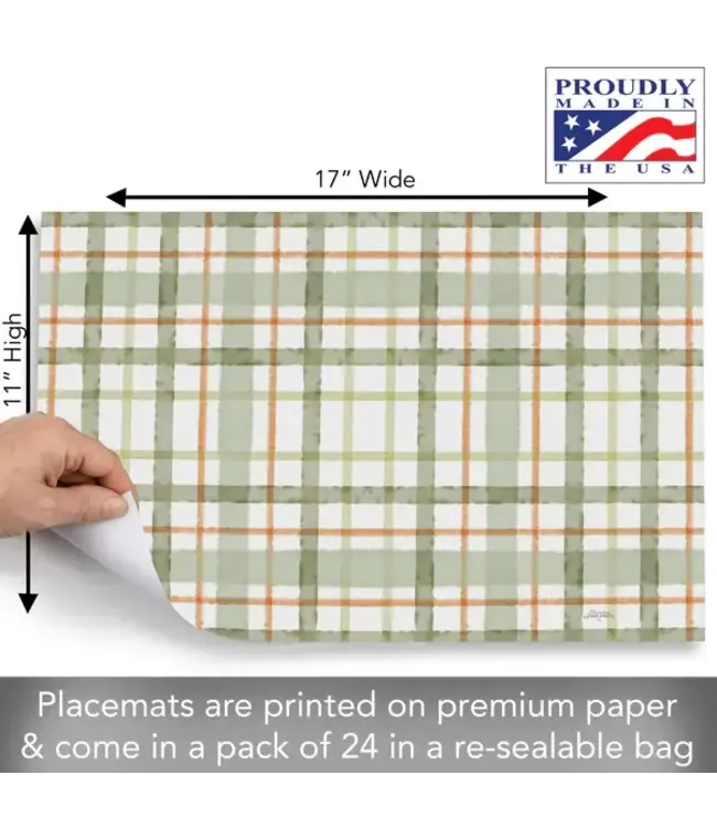 HIGHLAND HOME Farmhouse Plaid 24 Premium Paper Placemats in Resealable Storage Bag Made in the USA 17" x 11"
