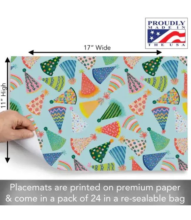 HIGHLAND HOME Party Hats 24 Premium Paper Placemats in Resealable Storage Bag Made in the USA 17" x 11"