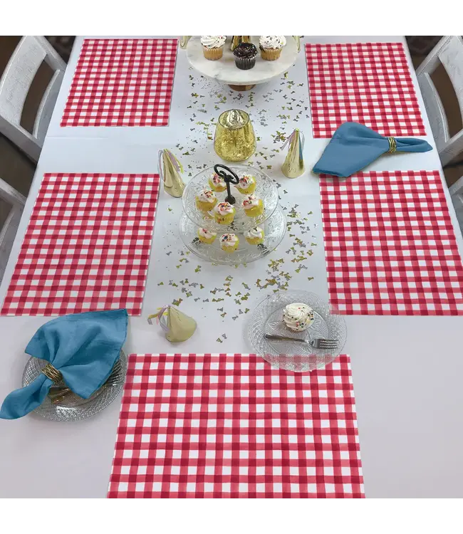 HIGHLAND HOME Red Gingham 24 Premium Paper Placemats in Resealable Storage Bag Made in the USA 17" x 11"
