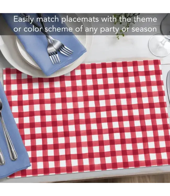 HIGHLAND HOME Red Gingham 24 Premium Paper Placemats in Resealable Storage Bag Made in the USA 17" x 11"