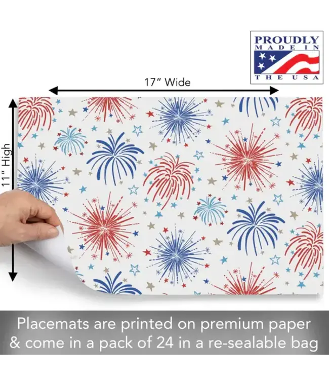 HIGHLAND HOME Star Spangled 24 Premium Paper Placemats in Resealable Storage Bag Made in the USA 17" x 11"