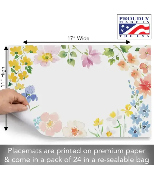 HIGHLAND HOME Watercolor Florals 24 Premium Paper Placemats in Resealable Storage Bag Made in the USA 17" x 11"