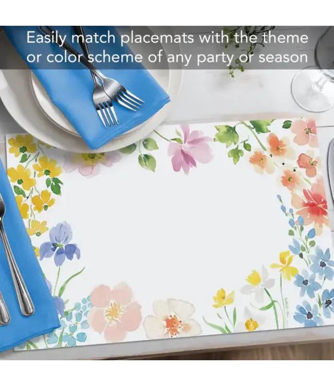 HIGHLAND HOME Watercolor Florals 24 Premium Paper Placemats in Resealable Storage Bag Made in the USA 17" x 11"