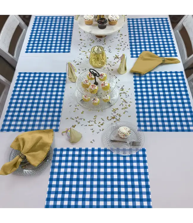 HIGHLAND HOME Blue Gingham 24 Premium Paper Placemats in Resealable Storage Bag Made in the USA 17" x 11"