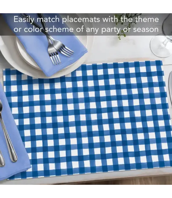 HIGHLAND HOME Blue Gingham 24 Premium Paper Placemats in Resealable Storage Bag Made in the USA 17" x 11"