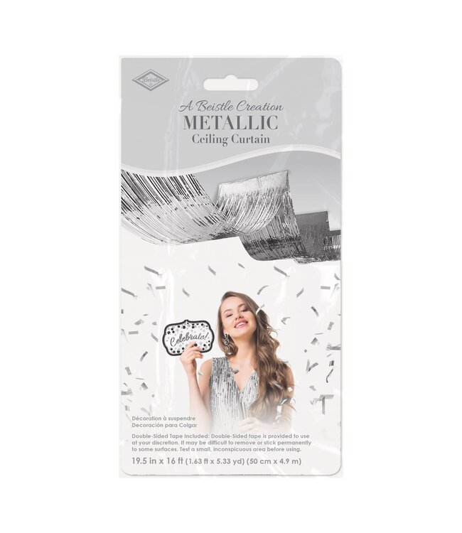 BEISTLE 1-Ply Metallic Fringe Ceiling Curtain Silver