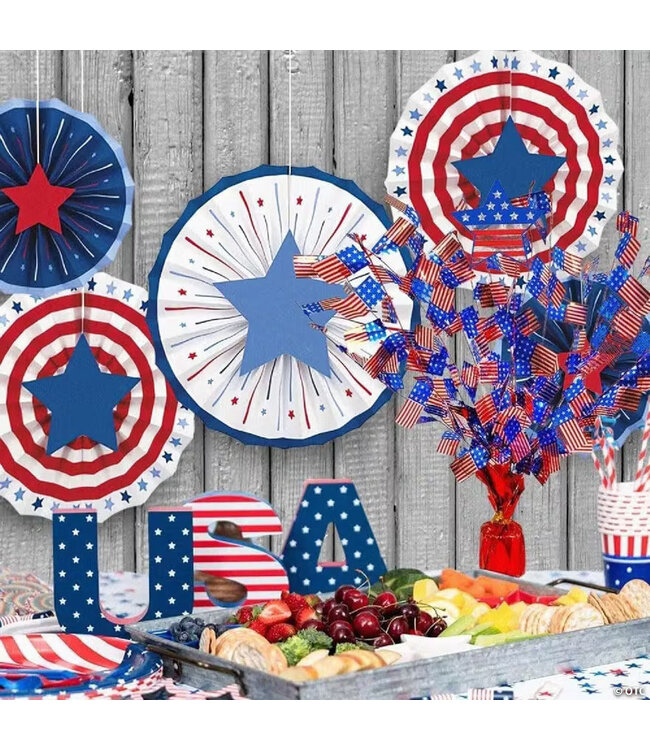 UNIQUE INDUSTRIES INC Red White and Blue Paper Fans with Stars - 5ct