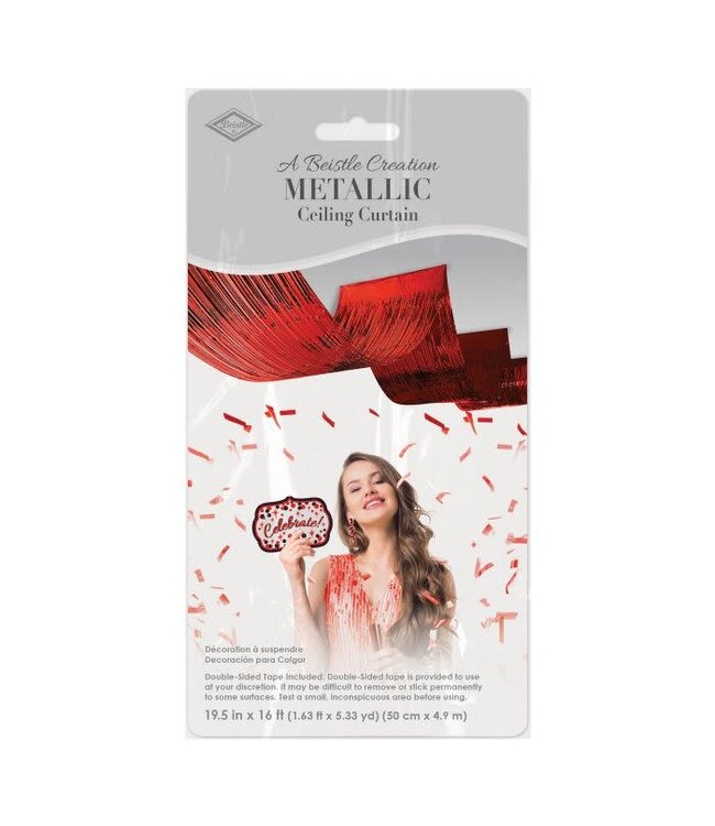 BEISTLE 1-Ply Metallic Fringe Ceiling Curtain-Red
