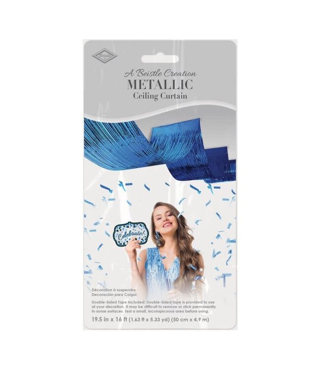 BEISTLE 1-Ply Metallic Fringe Ceiling Curtain-Blue