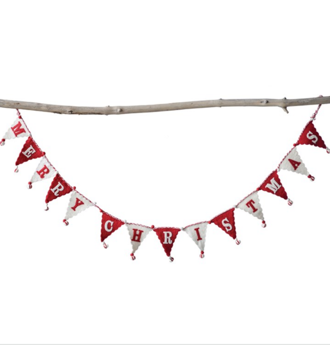 Garland | Merry Christmas | Banner Pennant Flags | Red + White