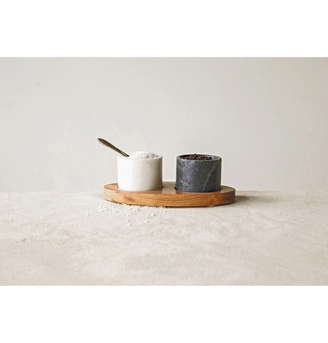 Marble Salt + Pepper Cellars | Mango Wood Tray + Brass Spoon