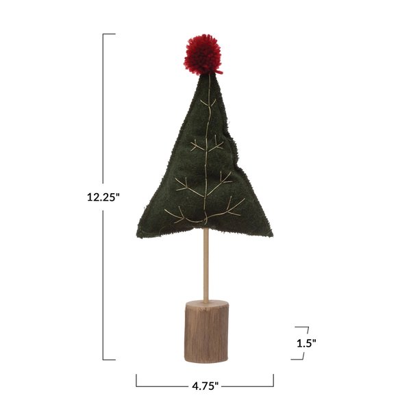Creative Co-Op Tree | Embroidered Green + Gold Stitch + Red Pom 12"